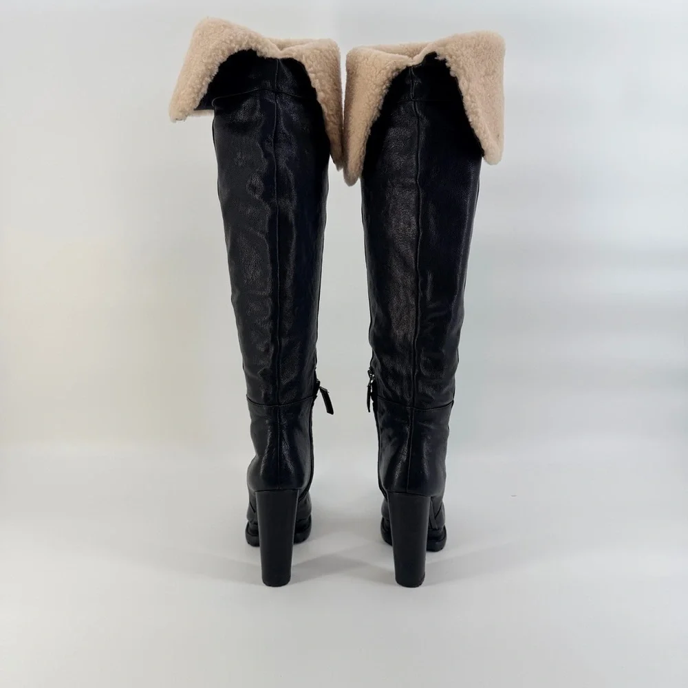 Alice + Olivia Leather Black and Cream Over the Knee Boots with shearling lining